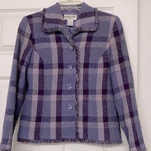 Pendleton Purple Plaid Wool Blazer Lady Jacket Square Buttons Fringe Edge Sz 2P